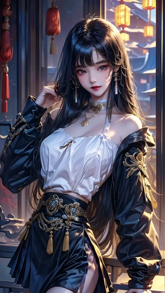 （masterpiece:1.3),( Best Quality :1.4),(actual:1a.4）, Junior Home ,Liu Yurou,Long hair with bangs, Face Makeup ,hairpin, Shing Mang Design Chinese Dress,Full Breasted , Full Waist ,Skirt, Ultra HD,  Very Detailed ,