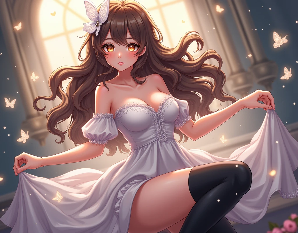 from below, high image, super detail, high resolution, anime, manga, illustration, super very beautiful woman, baby face, make up, ecstatic expression, amorous expression, seductive look, glossy flowing layered messy light brown wavy medium hair, sparkling big blue eyes, alluring moist red lips, large breasts, under boob, side boob, great proportion, perfect proportion, slender, full body, skirt lift, lace purple panty, lace white long dress, fluttering long skirt, black knee high socks, thighs, garter belt, lingerie