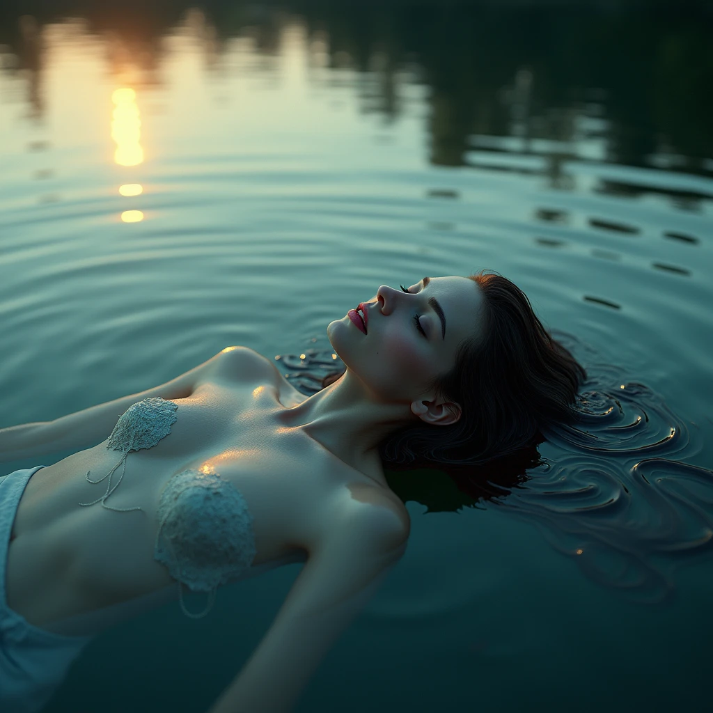 beautiful nymph girl made of water, Kim Kardashian, nude, Altamente detallado, Hiperrealista, 8k, fantasy, magica, Ella se queda en un lago, Agua, Some birds surround it, Mujer, Beautiful