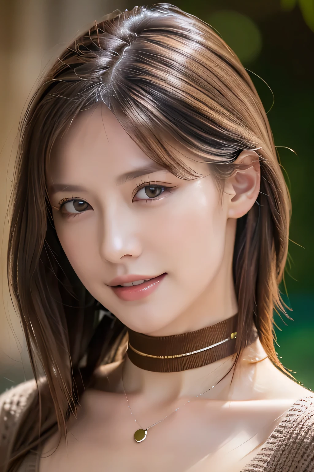 ((highest quality)), ((masterpiece)), (detailed), Perfect Face、Perfect body、Light brown hair、Beautiful Skin、Cleavage、girlfriend on date、Russian Beauty、(masterpiece:1.3), (8k, Photorealistic, Raw photo, Best image quality: 1.4), (Random Hairstyles:1.2)、Cleavage:1.2、Super detailed face、Attention to detail、double eyelid、Put your chest together、Sharp focus:1.2、Beautiful woman:1.4、Light brown hair、highest quality、masterpiece、超A high resolution、(Photorealistic:1.4)、Very detailed and professionally lit smiles、Loose, lightweight knitwear、Shoulders out、thin、Serious expression、Deadly position ,amazing, dynamic production ,((errings)), ((erotic choker)) ,((necklace jewelry )),