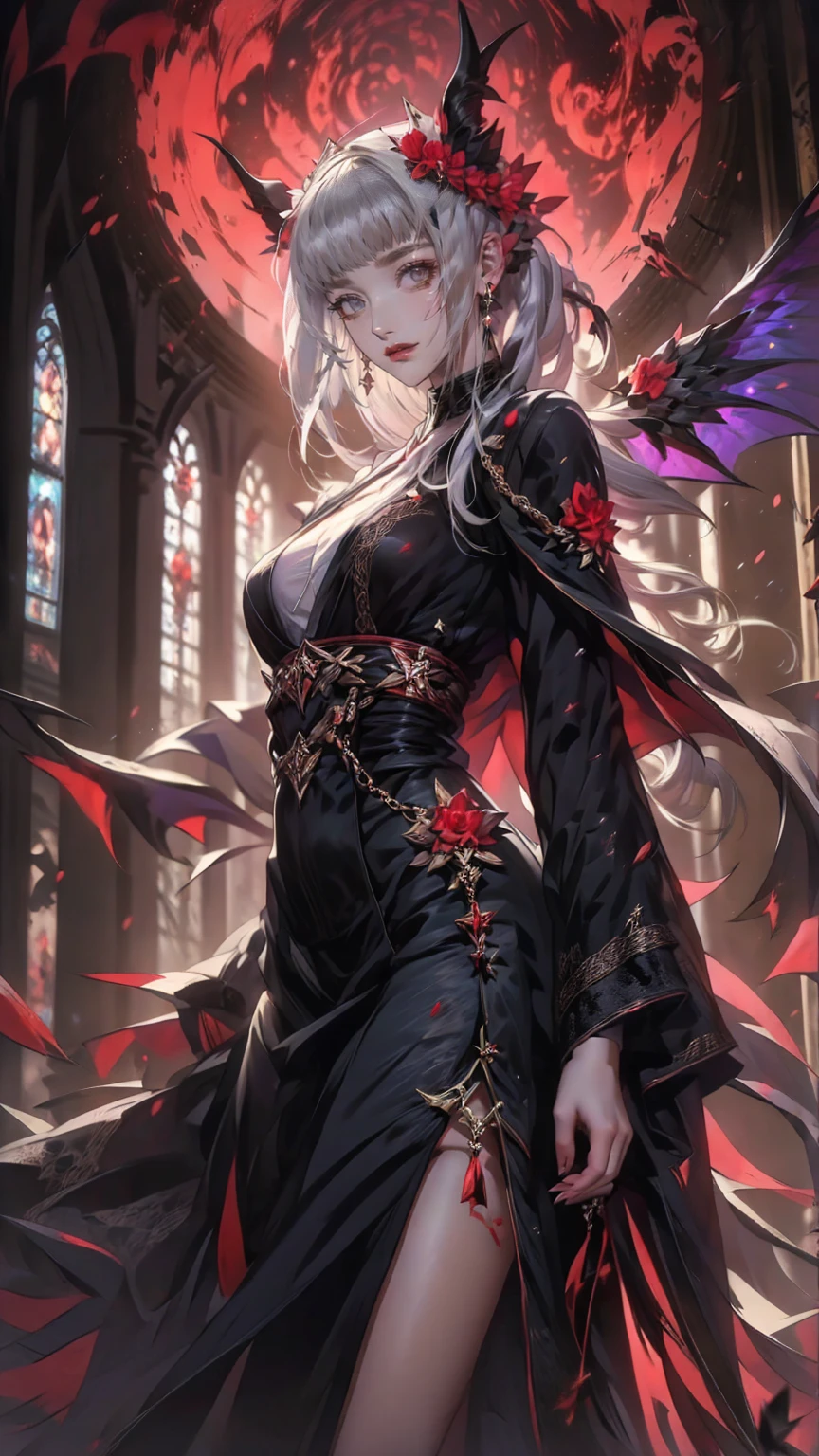  highly detailed wallpaper , Extremely detailed, Detailed Shadows, Very accurate and detailed, High definition 8K wallpaper,  very beautiful 8K scene wallpaper,Old ruined church. . Her black dress is torn，There are stains in many places. Her Gray Hair is dull, Long and Disturbing. Light shines through a broken stained glass window。.頭にdevilの角.背中にコウモリのwingがある.teeth,(Best writing,   so delicate and beautiful ),(Best writing,   so delicate and beautiful ), (Beautiful and delicate face), (Detailed eyes and detailed face:1.2), Dark fantasy,  Alone,  cute smile , Gray Hair, Dynamic Angle, vampire), (gaint vampire castle in background),  (Red Moon, Red Sky), Pointed_, teeth, devil&#39;wing, devil horns, There&#39;s blood on your face, Blood Rain, Blood Mist, (  depth of written border ),  high contrast, (Blood splatter:1.4), Cowboy shooting, whole body,Small doll