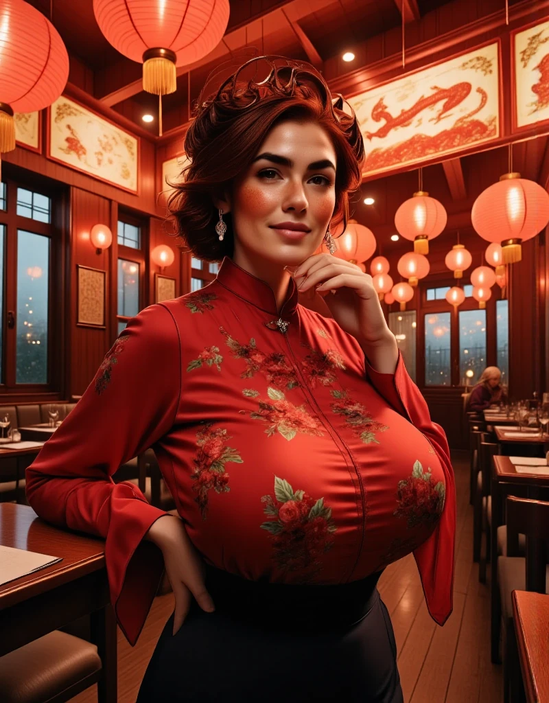 Photorealistic, cinematic style, low angle picture of a beautiful British woman celebrating Chinese New year inside a chinese restaurant. Late evening, dark. (Dynamic pose: 1.5), she is smiling. She has Brown eyes, downturned eye shape, light skin and freckles, reddish-brown hair, elegant gathered up hairstyle. Traditional Red silk cheongsam. white pearl earrings. Large red paper lanterns. Red paper decorations hung from the ceiling. Red carpet, red dragon decoration. Theme colour is red. perfect hand,HDR, intricate details ,