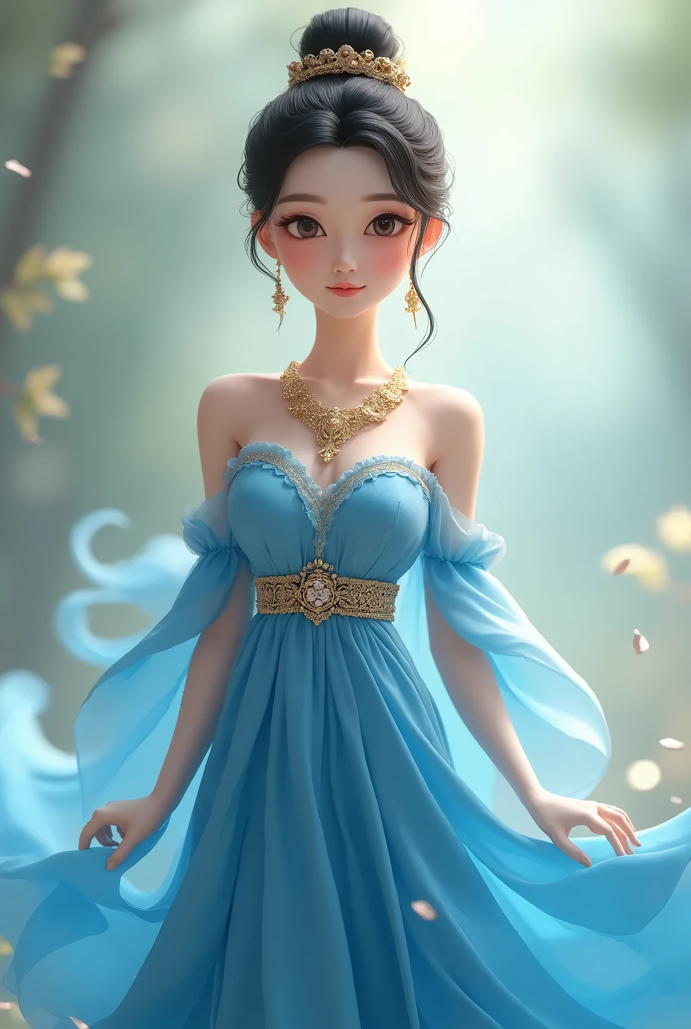 Arafed female in a blue dress with a gold belt and necklace, 3D rendered character art 8k, popular on cgstation, artstation의 chengwei 팬, Works inspired by Lan Ying, 8K Art Manure Bokeh, 8k high quality detail art, Debian Art Art Station cgscosiety, cg소사이어티 8k, cg소사이어티 8k