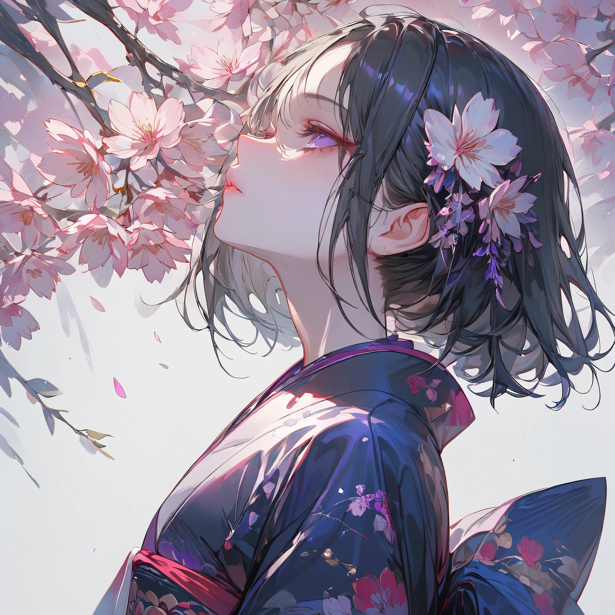 High resolution, High resolution, masterpiece, masterpiece, accurate, Winner of numerous awards, Best Quality, High detail, Very detailed, Ultra high definition, Textured skin, solo, White background、Black straight hair、Look at, Purple eyes, Red-based kimono with cherry blossom pattern、Side Shot、Wide Shot、Anatomically correct, 花びらには金の縁を、