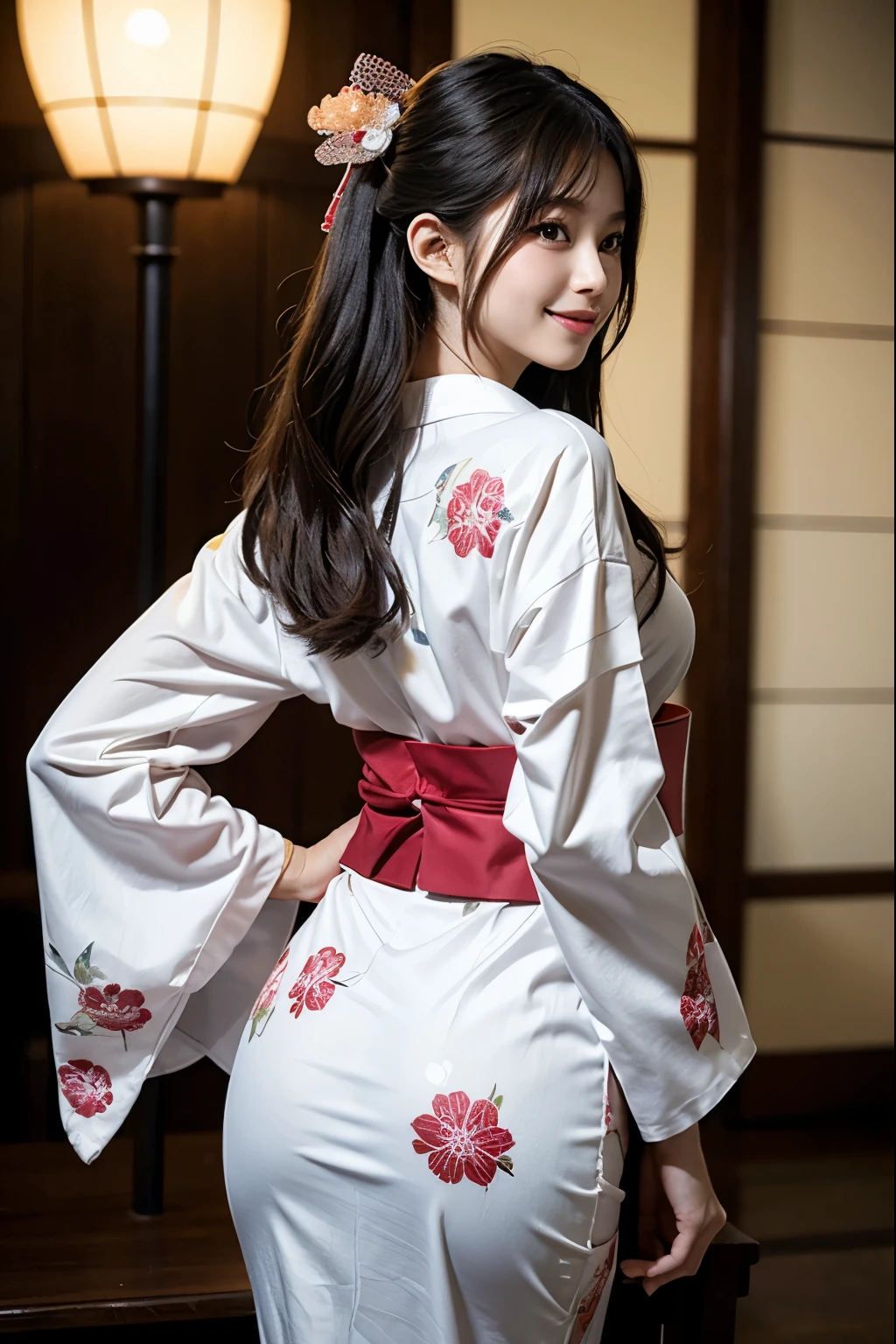 ((best quality, 8K, masterpiece)), (photorealistic), ultra detailed, sharp focus, 1 beautiful woman, ((beautiful kimono)), ((no panties:1.4)), ((huge ass)), highly detailed face and skin texture, ((detailed eyes)), ((beautiful eyes:1.2)), (Japanese room), ((back view))