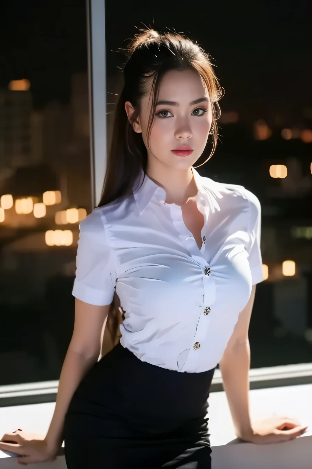 Close up,1 girl{{A beautiful woman wearing a white short-sleeved shirt and a black pencil skirt}} , Standing in a sexy pose, standing on the classroom balcony at night, with dim candles, with bokeh in the background, dark atmosphere.
