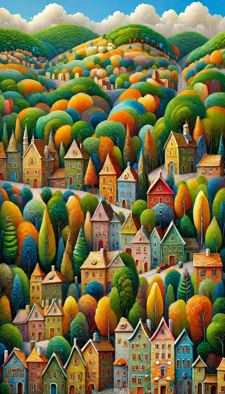 painting of a town with a lot of houses and trees, village in the woods, by Camille Bombois, jane newland, adrian borda, vdragan bibin, cottage town, by Bohumil Kubista, benjamin vnuk, by Yi Inmun, by Nadya Rusheva, tree town, townscape, city on a hillside