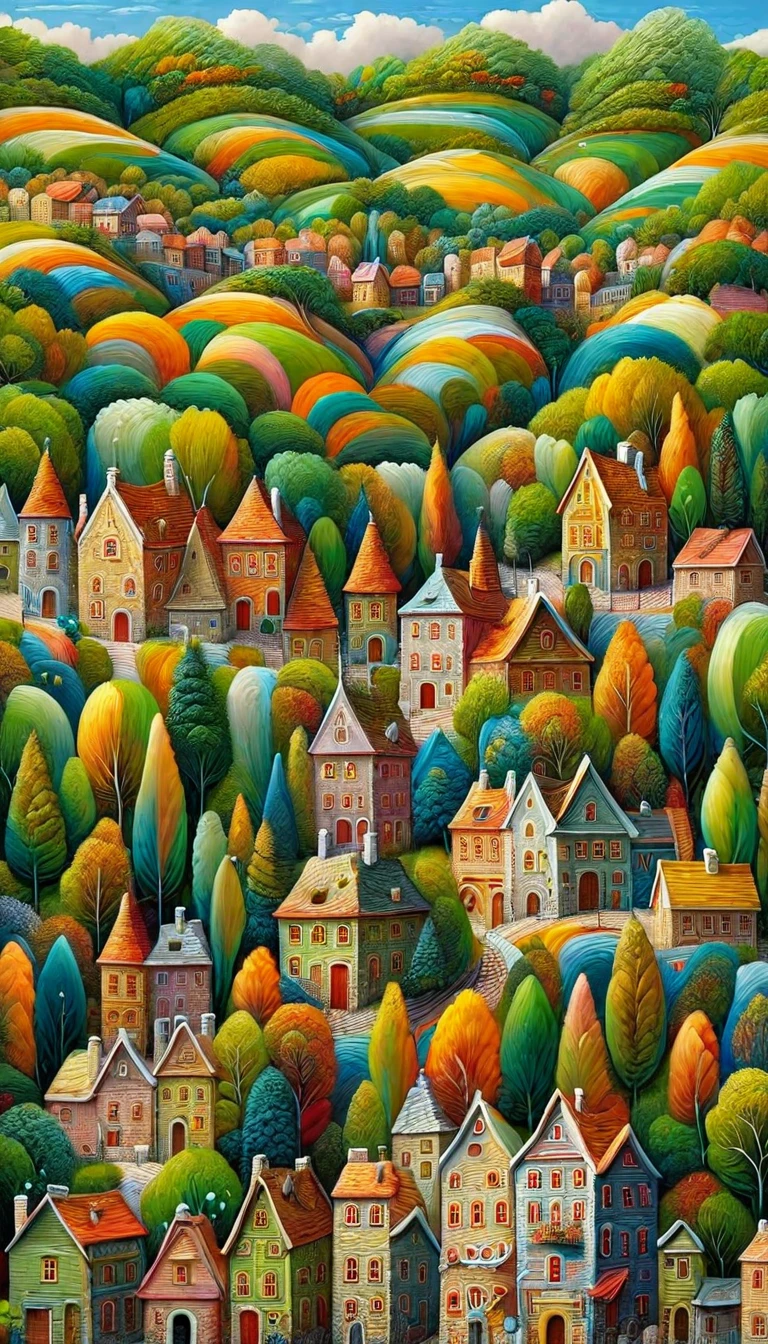 painting of a town with a lot of houses and trees, village in the woods, by Camille Bombois, jane newland, adrian borda, vdragan bibin, cottage town, by Bohumil Kubista, benjamin vnuk, by Yi Inmun, by Nadya Rusheva, tree town, townscape, city on a hillside