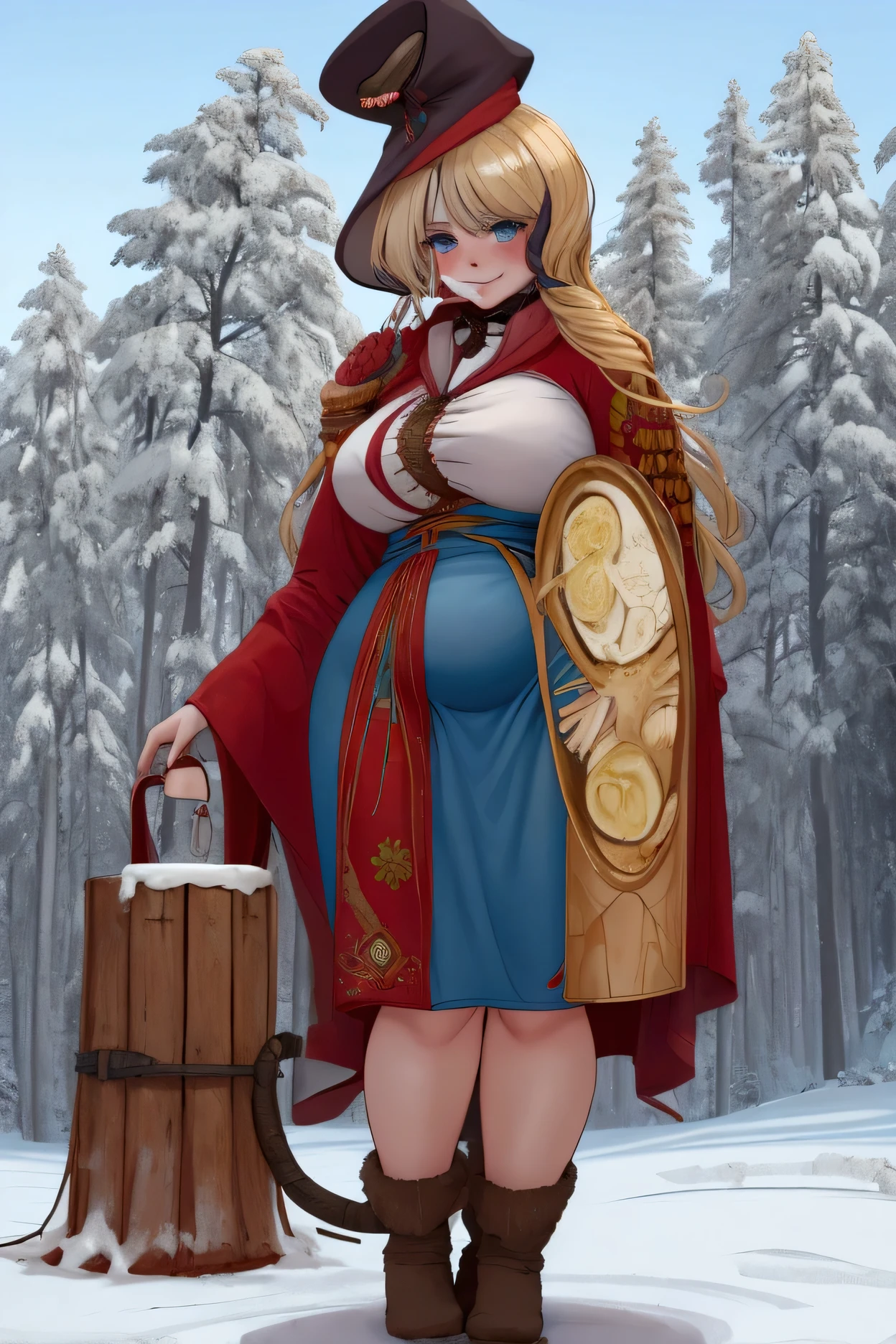 Girl, Blonde hair, blue eyes, ukrainian vyshivanka, red kaftan, valenki, big breasts, fat, winter forest camp, Vostroyan Firstborn, eating kolach, chubby potbelly, thick legs, big rear