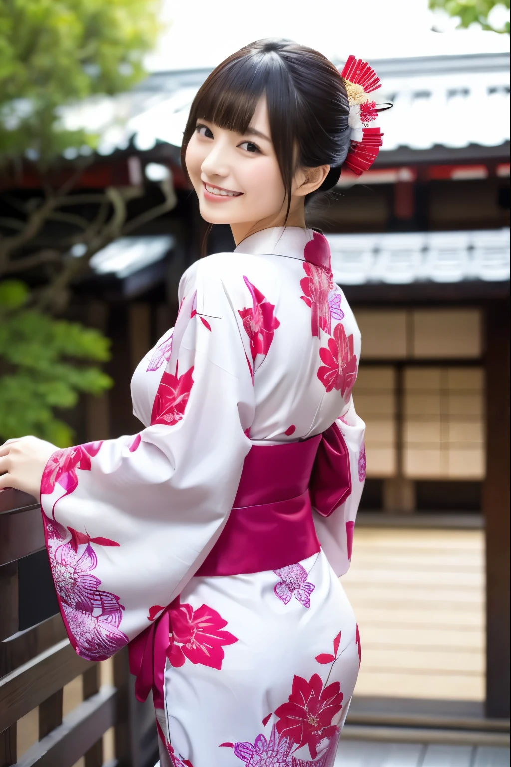 Best-quality, Masterpiece, Ultra-High-Resolution, (Photorealistic:1.4), Raw-Photo, 1girl, the most famous Japanese idol, wearing Japanese-KIMONO, ((upturned ass that wearing Japanese-KIMONO)), looking at viewer, innocent-smile, (the most cute face, ((the most beautiful big-eyes)), the most beautiful hair, the most beautiful skins), the most beautiful long-eyelashes, the most beautiful lips, ((the most beautiful ass that wearing Japanese-KIMONO))