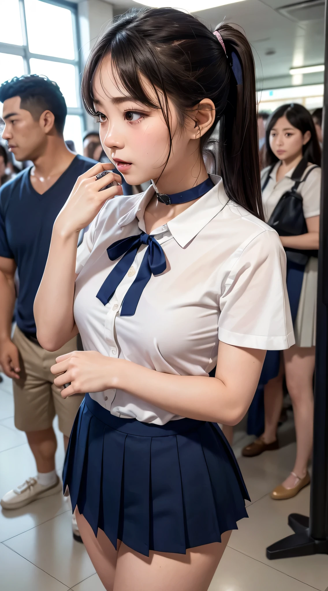 1womanl、(Super beautiful)、(beauitful face:1.5)、(A detailed face)、(Night:1.5)、In a small park in Japan、(Multiple guys forcibly touch her chest:1.5)、(Multiple guys forcibly touching her crotch:1.1)、(Multiple men forcibly touch her body:1.1)、(Multiple guys cut her skirt:1.3)、(hi-school girl)、Brown hair、Wearing makeup、(high-school uniform)、(white panties:1.2)、(Dark blue mini skirt)、(a wet body)