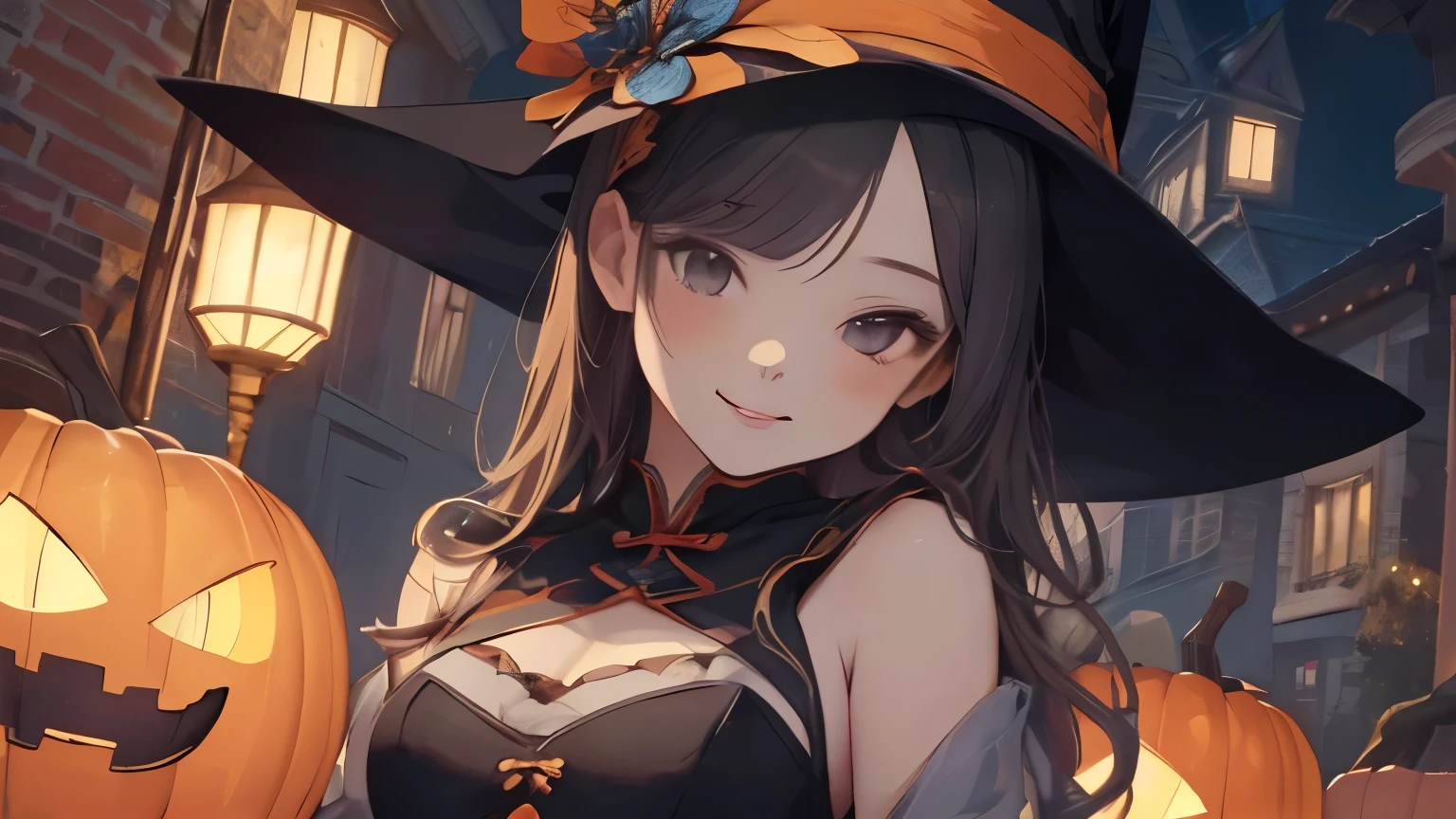 (highest quality)、(masterpiece)、(Super detailed)、high resolution、Halloween、beautiful girl alone、15 year old student、cute、(black haired:1.5)、(long hair:1.4)、((low twintails:1.3))、(witch hat:1.2)、white blouse、big 、big breasts、swollen chest、Puffy short sleeves、Mischievous smile、grinning expression、Pose that emphasizes the chest、(Long skirt with orange ruffles:1.3)、black robe、black corset、(kneel down:1.2)、(entrance:1.3)、outdoor、fine skin、(cute笑顔)、open your mouth、(yellow eyes)、Clearing the eyes、drooling eyes、Yellow hair tie、thin legs、(black tights:1.2)、evening、full moon、petals dancing in the wind、(Jack-o'-lantern:1.2)、black gloves、(Basket of sweets:1.2)、lighting lights、reach out