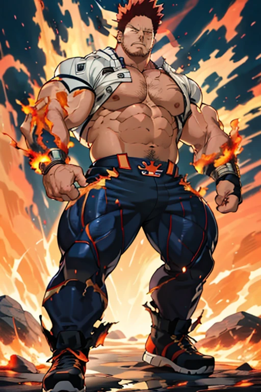 Endeavor from My Hero Academia, covered in flames, full body, ripped and torn costume, muscular, thick, thick pubic hair, huge nice bulge, Japanese 45 yo, sexy, realistic eyes, hardgay, large pectorals, superhero, fingerless gloves, red hair, scar, crushed eye