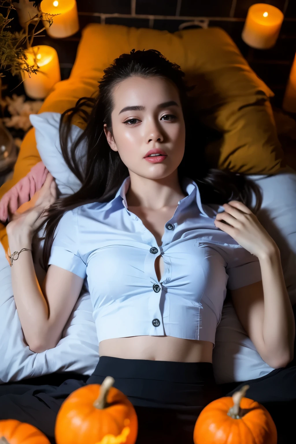 Close-up, high angle shot, 1 girl, {{Beautiful young woman in white short sleeve shirt and black pencil skirt}} lying on her back on a bed in a classroom, with Halloween pumpkins in an abandoned classroom at night, with dim candles and bokeh in the background, dark atmosphere.