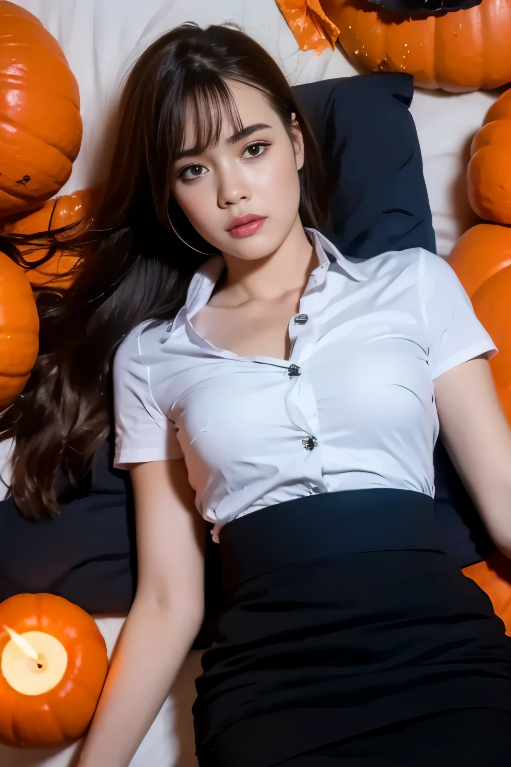 Close-up, high angle shot, 1 girl, {{Beautiful young woman in white short sleeve shirt and black pencil skirt}} lying on her back on a bed in a classroom, with Halloween pumpkins in an abandoned classroom at night, with dim candles and bokeh in the background, dark atmosphere.