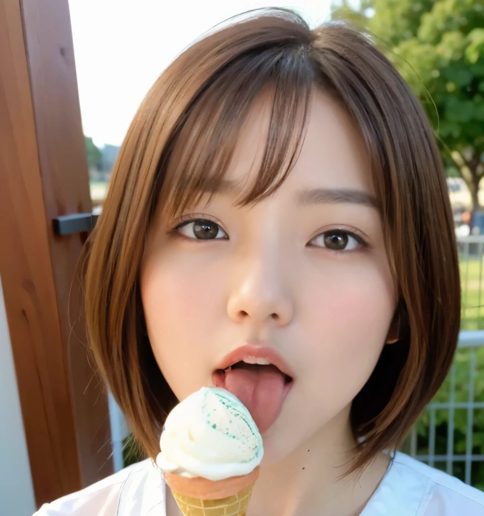 Viewer discretion advised、Best Quality、8k、masterpiece、Ultra-high resolution、RAWphotograph、クリアなphotograph、リアルなphotograph、Realistic、 professional lighting held in iron handcuffs、Natural Light、photograph、 very cute girl、Cute Yoda Yuki、 short bob hair、Brown Hair、Sexy Face、( Open your mouth 、Licking soft serve ice cream:1.2、Right Mouth、Right Tongue)、 Face Closeup 