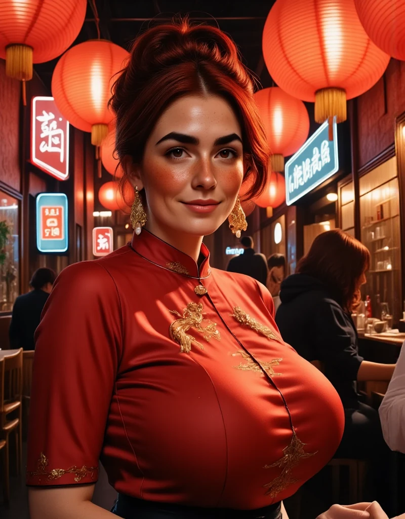 Photorealistic, cinematic style, low angle picture of a beautiful British woman celebrating Chinese New year inside a chinese restaurant. Late evening, dark. (Dynamic pose: 1.5), she is smiling. She has Brown eyes, downturned eye shape, light skin and freckles, reddish-brown hair, elegant gathered up hairstyle. Traditional Red silk cheongsam. white pearl earrings. Large red paper lanterns. Red paper decorations hung from the ceiling. Red carpet, red dragon decoration. Theme colour is red. perfect hand,HDR, intricate details ,