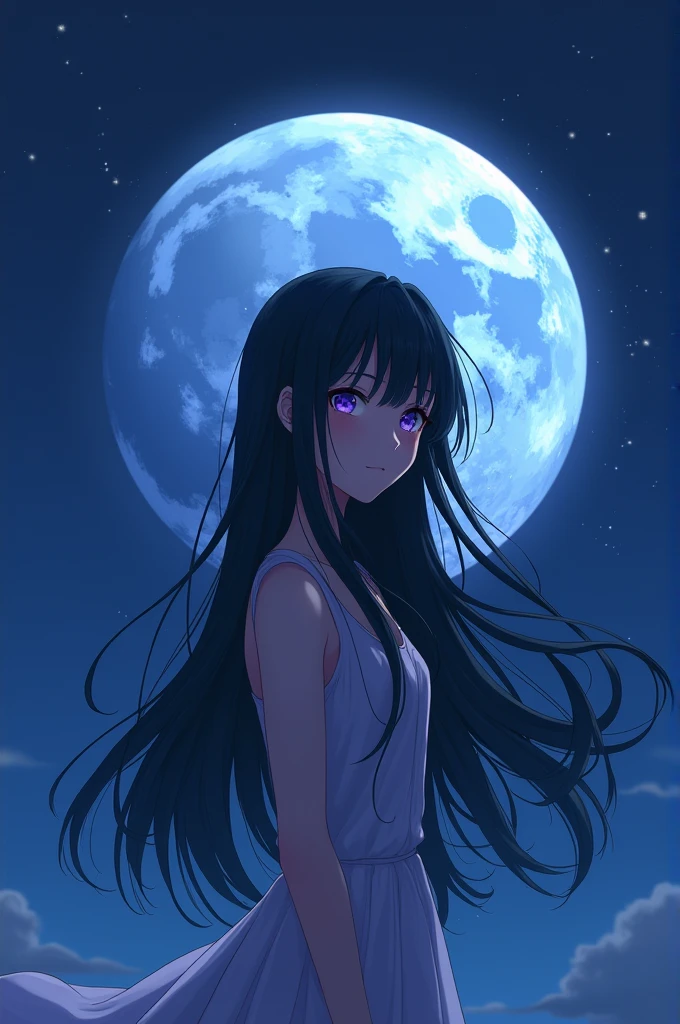 2d, anime, 1girl, bedroom, window, night, moon, upper body, portrait, looking at viewer, long hair