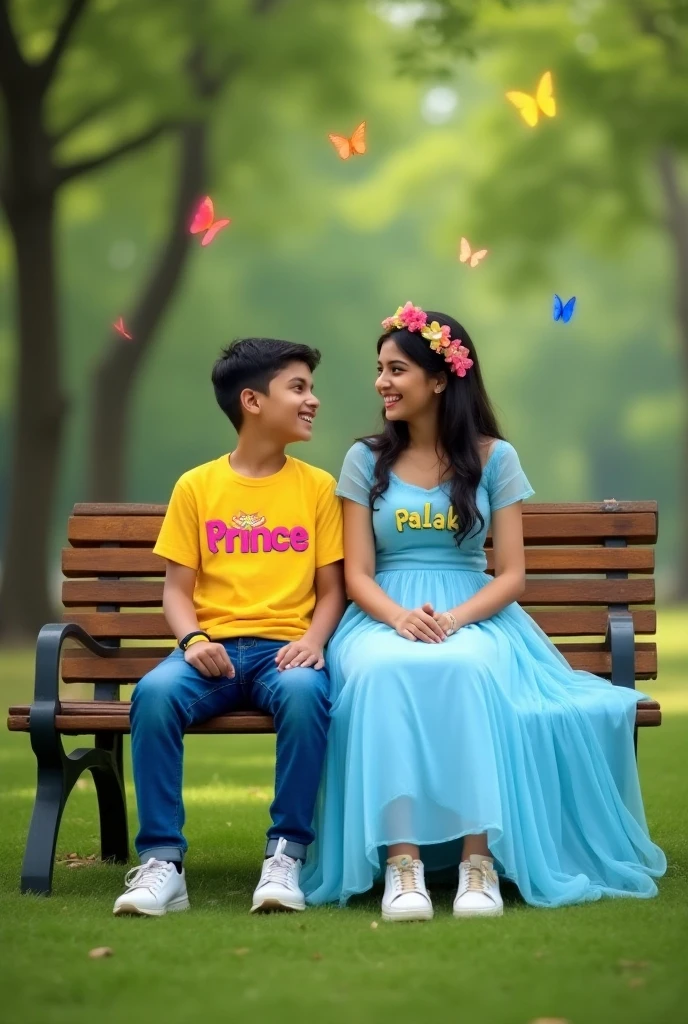 A loving boy and girl bench in park wearing t shirt written by name boy  Krishn andgirl name chanda 