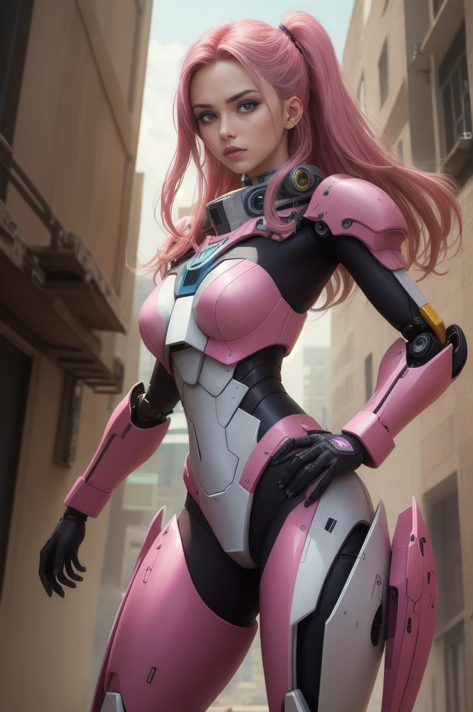 Blue armor, Pink long-haired beauty, Slender body, Slim legs, Best quality, Dynamic perspective