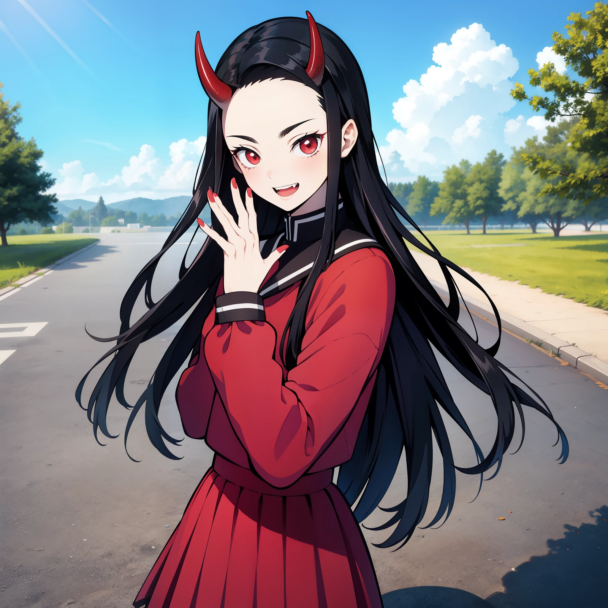 (masterpiece, best quality:1.2), kimetsu no yaiba style, kiyomi, (1girl, solo), 18years old, upper body, (black long hair, straight hair), forehead, (red demon horns, red eyes, red nail), (serafuku, sailor suit, school uniform), (happy smile:1.2), long fangs, (open hand, waving hand, good-bye pose), standing on the cobblestone road, blue sky