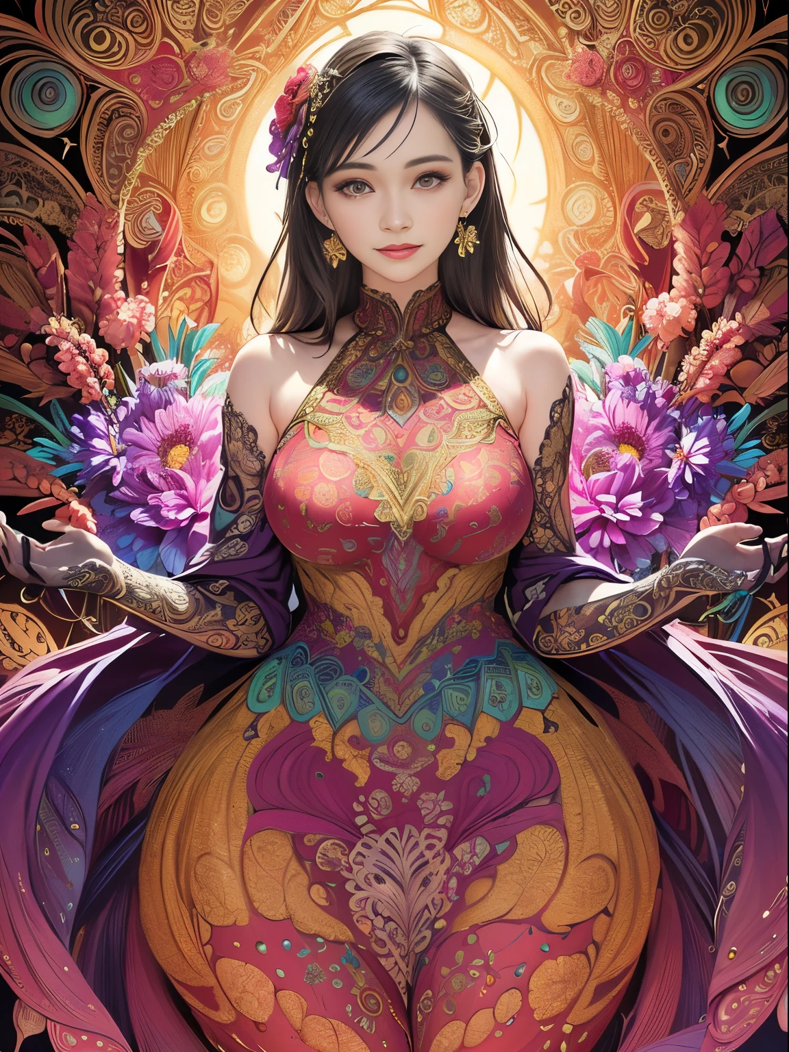 (masterpiece, top quality, best quality, official art, beautiful and aesthetic:1.2), (1girl:1.3), extremely detailed,(fractal art:1.1),(colorful:1.1)(flowers:1.3),highest detailed,(zentangle:1.2), (dynamic pose), (abstract background:1.3), (shiny skin), (many colors:1.4), ,(earrings:1.4), (feathers:1.4)