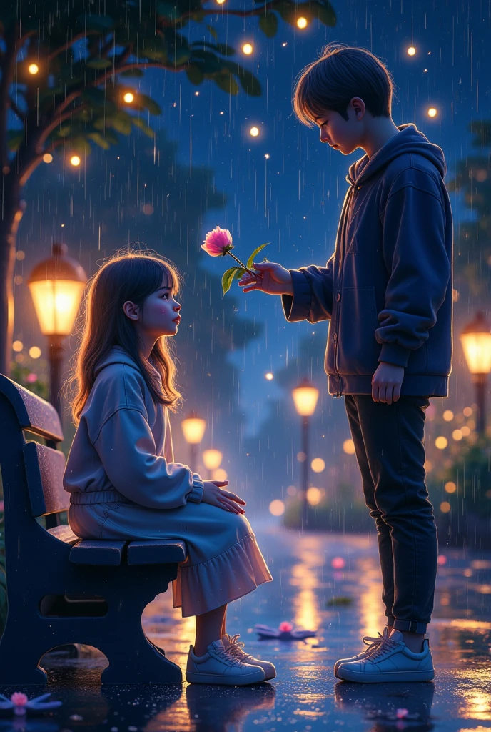  Sit The Girl on the Bench with the Rose Color in Her Hands ,  It's Raining A Guy With An Umbrella Walks Up To Her And Reaches Out As If Trying To Help ,  She Looks At Him With Hope Eyes Sparkle With Her Head Raised Girl Looks At A Guy,  At Night , The Lanterns Are Shining , beautiful lighting, Dramatic, masterpiece, 8 k,  Maximum Quality ,