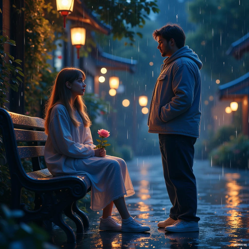  Sit The Girl on the Bench with the Rose Color in Her Hands ,  It's Raining A Guy With An Umbrella Walks Up To Her And Reaches Out As If Trying To Help ,  She Looks At Him With Hope Eyes Sparkle With Her Head Raised Girl Looks At A Guy,  At Night , The Lanterns Are Shining , beautiful lighting, Dramatic, masterpiece, 8 k,  Maximum Quality ,