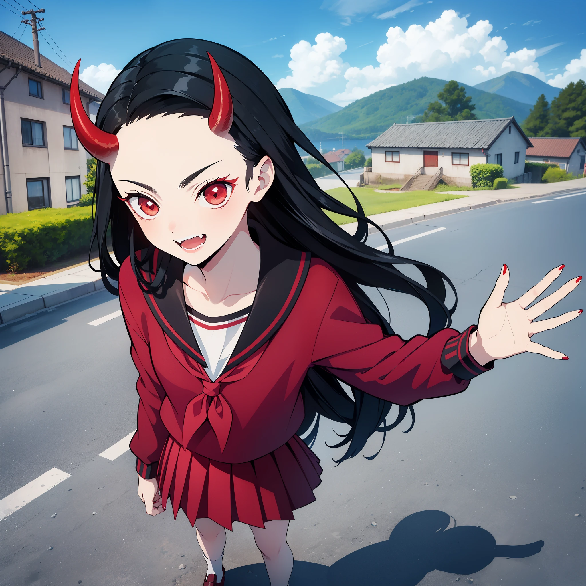 (masterpiece, best quality:1.2), kimetsu no yaiba style, kiyomi, (1girl, solo), 18years old, upper body, (black long hair, straight hair), forehead, (red demon horns, red eyes, red nail), (serafuku, sailor suit, school uniform), (happy smile:1.2), long fangs, (open hand, waving hand, good-bye pose), standing on the cobblestone road, blue sky