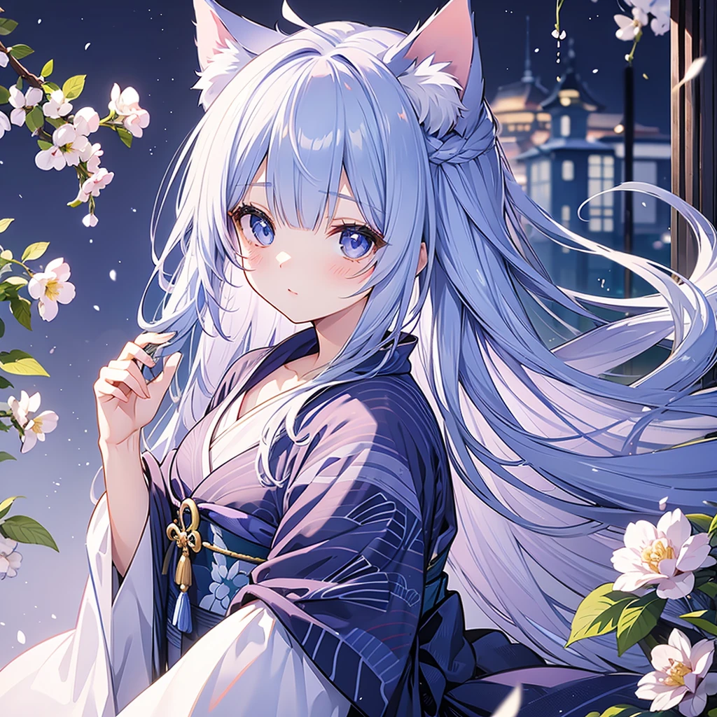 (masterpiece), (best quality), (1 girl)), amazing, beautiful detail eyes, fine details, depth of field, original, ((best quality)), ((super detailed)), (best illustration), (best lighting, best shadow), (very delicate and beautiful)), very detailed wallpaper, dream background, from side, landscape, young girl, loli, full body, long white hair, (((gray eyes)), eyes in beautiful details, medium breasts, ((cobalt nightdress with decorative pattern)), Fluffy long sleeves, hair accessories, necklace, summer, light, light makeup, outdoors, platinum, blush, lie down, sit by the lake, look away, on wooden boat, cat ears, cat tail