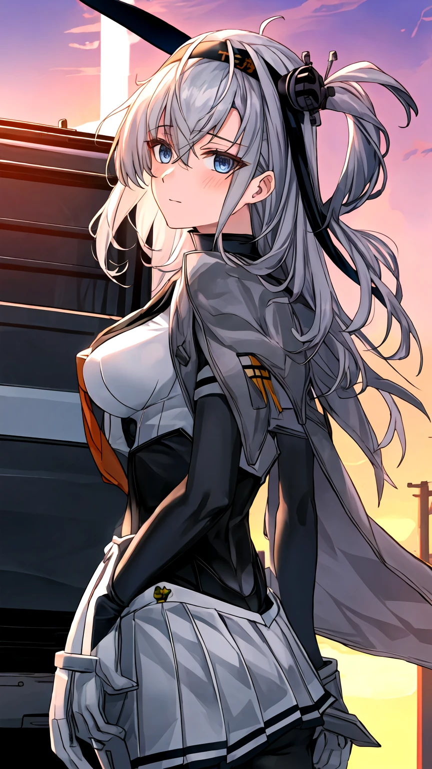 best quality, masterpiece, highres, solo, {suzutsuki_kantaicollection:1.15}, long_hair, one_side_up, grey_hair, headband, hachimaki, hair_between_eyes, breasts, grey_eyes,GLAY skirt  black_headband, blue_eyes, bodysuit, white_hair((On the back of a white light truck parked outdoors in the sunset))