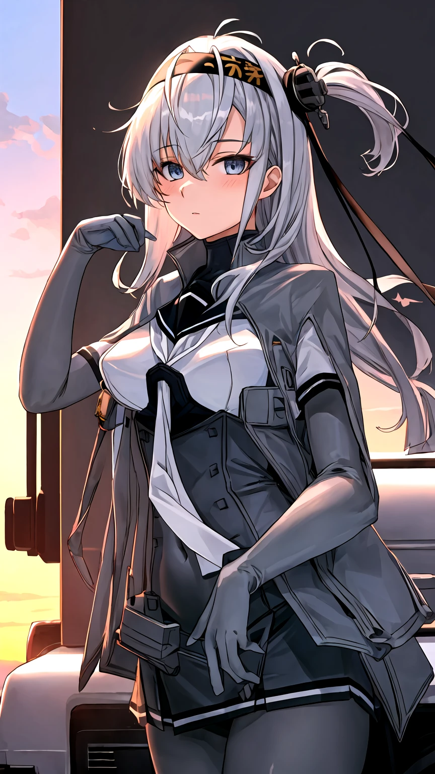 best quality, masterpiece, highres, solo, {suzutsuki_kantaicollection:1.15}, long_hair, one_side_up, grey_hair, headband, hachimaki, hair_between_eyes, breasts, grey_eyes,GLAY skirt  black_headband, blue_eyes, bodysuit, white_hair((On the back of a white light truck parked outdoors in the sunset))