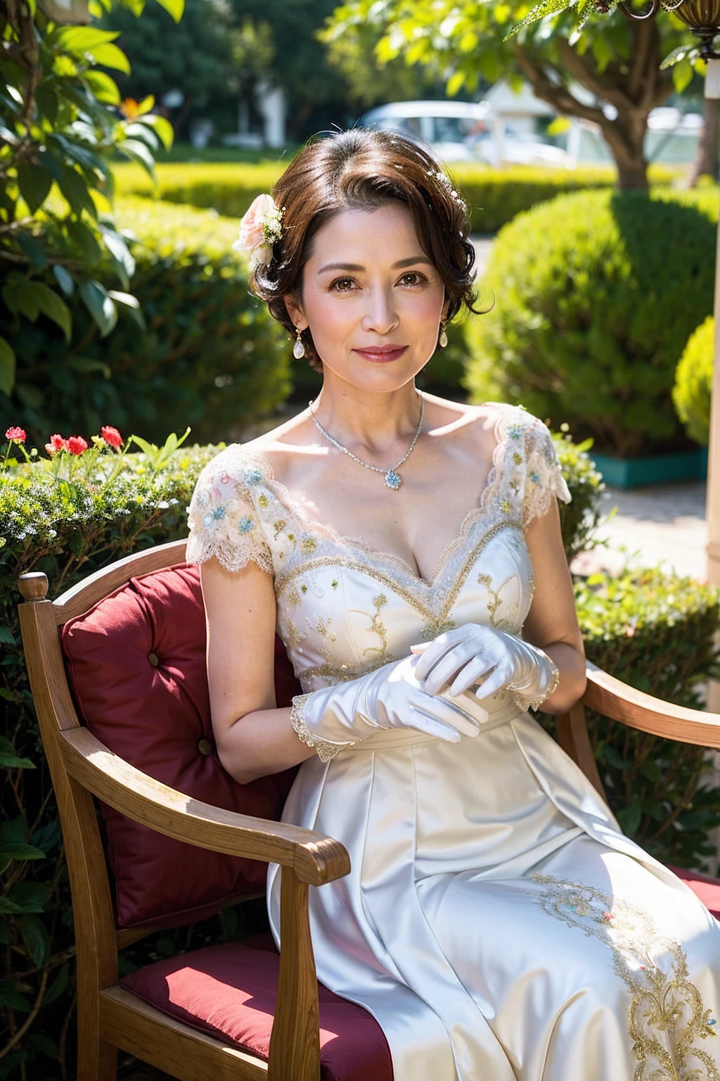 ((Masterpiece)), ((Best Quality)), A middle-aged short-hair woman, ((She is wearing an ornamental wedding dress)), She is in a garden, she is wearing a necklace, She is wearing gloves on her hands,