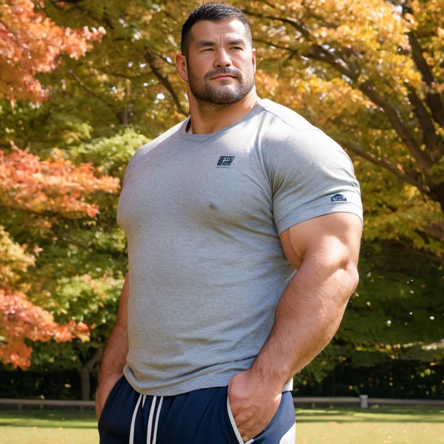  PORTRAIT A mature wild uncle, 1man, solo, A large Japanese man wearing a black T-shirt,   3-line sweat bottoms, bara, muscular chubby, standing in the autumn park,  crew cut hair, whole body, Rugby last week, Thick legs, Thick arm muscles, gentle,