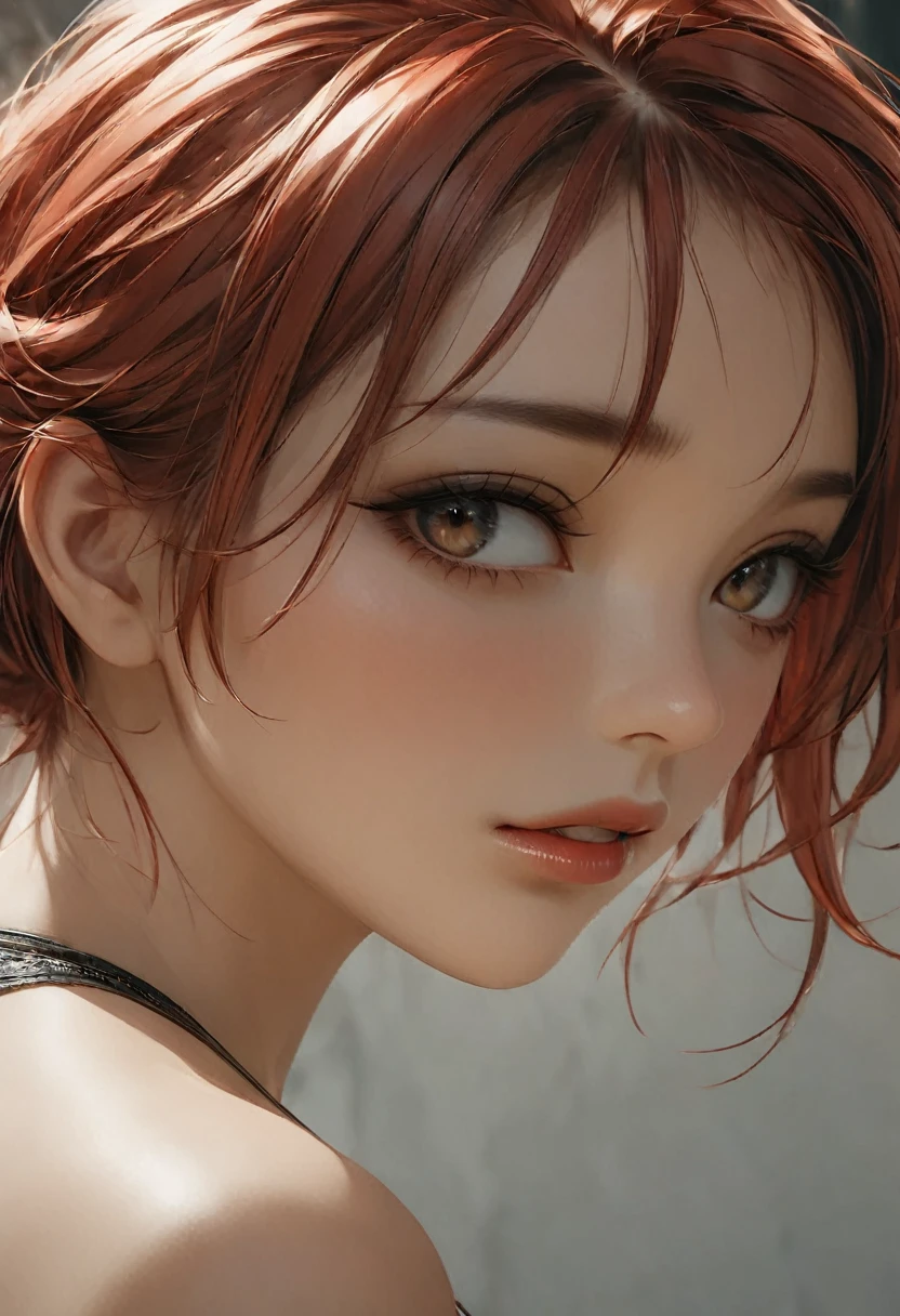 Makima, ringed eyes, light-red hair, braided ponytail, bangs, yellow eyes,（8K）、（Top image quality:1.5）、solo、masterpiece、Delicat eyes、delicated face、Colossal chest:1.2