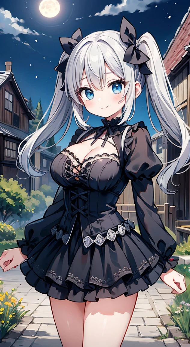 masterpiece, highest quality, (anime screencap:1.3),(shape), cute,(simple:1), (anime:1.2),Solo Sharp Focus,large breasts,seductive smile, 1 girl, cleavage,looking at the viewer, Japan,nighttime,silver hair,((mini skirt)),Are standing, twin tails,((Black Gothic Costume)),dark gothic,abandoned house,****ta fashion,hair ribbon,cowboy shot,supermoon,Fullmoon,puffy eyes,