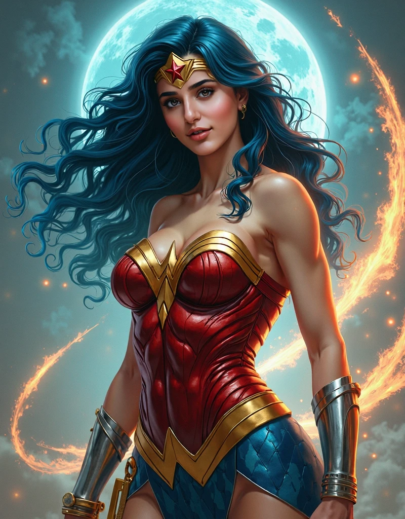 woman woman in vintage blue and red in bikini, gold aura artgerm colorful!!!, artgerm and warren louw, artgerm style, artgerm comic, Showcase the model in a dynamic, action-oriented pose that exudes energy and movement. Experiment with dramatic perspectives. the model's sensual curves and the interplay of light and shadow, creating an atmosphere of mystery and desire. Use dramatic lighting and bold brushwork to emphasize the erotic energy, vibrant colors, and the model's sensual movements on stage