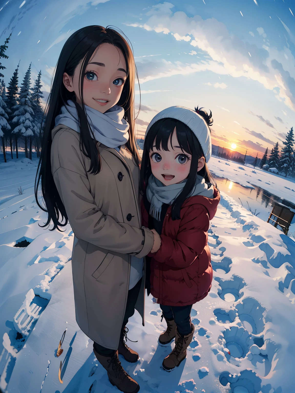 Masterpiece，Best Quality，High image quality，(Superflat, Flat Shading )，Fisheye Lens，Beautiful petite trained young mother and very cute trained daughter:1.25，Warm scarf， (naked)，Long Hair, boots, smile, smile, White Breath，fun, play, winter, snow, dusk，Beautiful sunset，Wide angle, Vibrant colors, watercolor, Ghibli style，Strong winds，Girl&#39;s Temptation，Accurate and detailed female fingers:1.2，