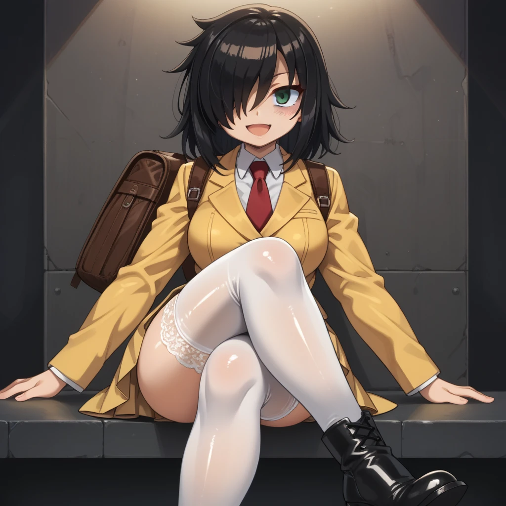 score_9, score_8_up, score_7_up,, solo, source_anime, tomokoxl, bags under eyes, hair over one eye black hair, medium hair, school uniform, red necktie, yellow skirt, short skirt, pleated skirt, yellow jacket, standing, cowboy shot, sitting, crossed legs, thick thighs, shiny skin, focus in crossed legs, underwear, white underwear, shiny underwear, lace underwear, white lace underwear, shiny lace underwear, panties, white panties, shiny panties, only crossed legs pose, sexy crossed legs, perfect crossed legs, sexy legs, big thighs, oiled thighs, oiled legs, smile, open mouth, glowing green eyes, evening time, dark room, breast, big breast, thigh highs, white thigh highs, lace thigh highs, ankle boots heels, black ankle boots heels, short boots, black short boots, backpack, leather backpack, brown backpack, focus in crossed legs, focus in legs,