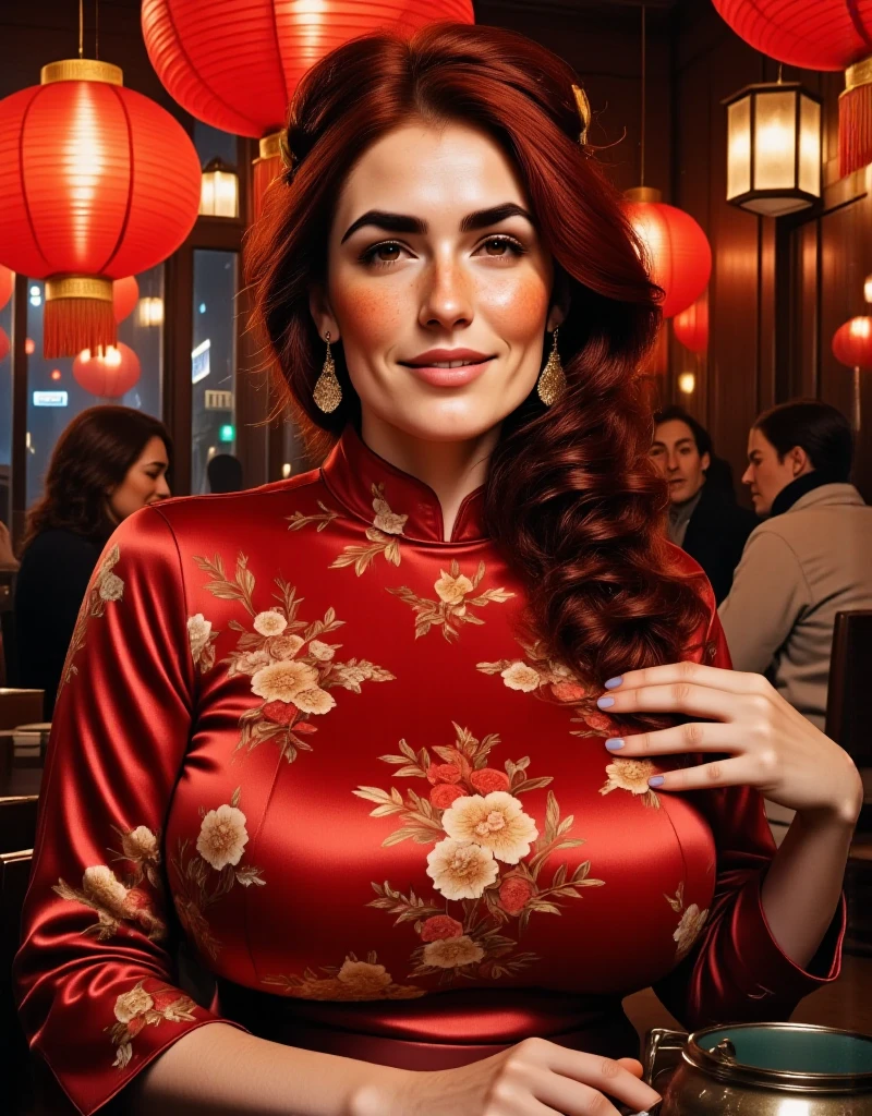 Photorealistic, cinematic style, low angle picture of a beautiful British woman celebrating Chinese New year inside a chinese restaurant. Late evening, dark. (Dynamic pose: 1.5), she is smiling. She has Brown eyes, downturned eye shape, light skin and freckles, reddish-brown hair, elegant gathered up hairstyle. Traditional Red silk cheongsam. white pearl earrings. Large red paper lanterns. Red pillars. Red paper decorations hung from the ceiling. Red carpet, red dragon decoration. ((Theme colour is red)). perfect hand,HDR, intricate details ,