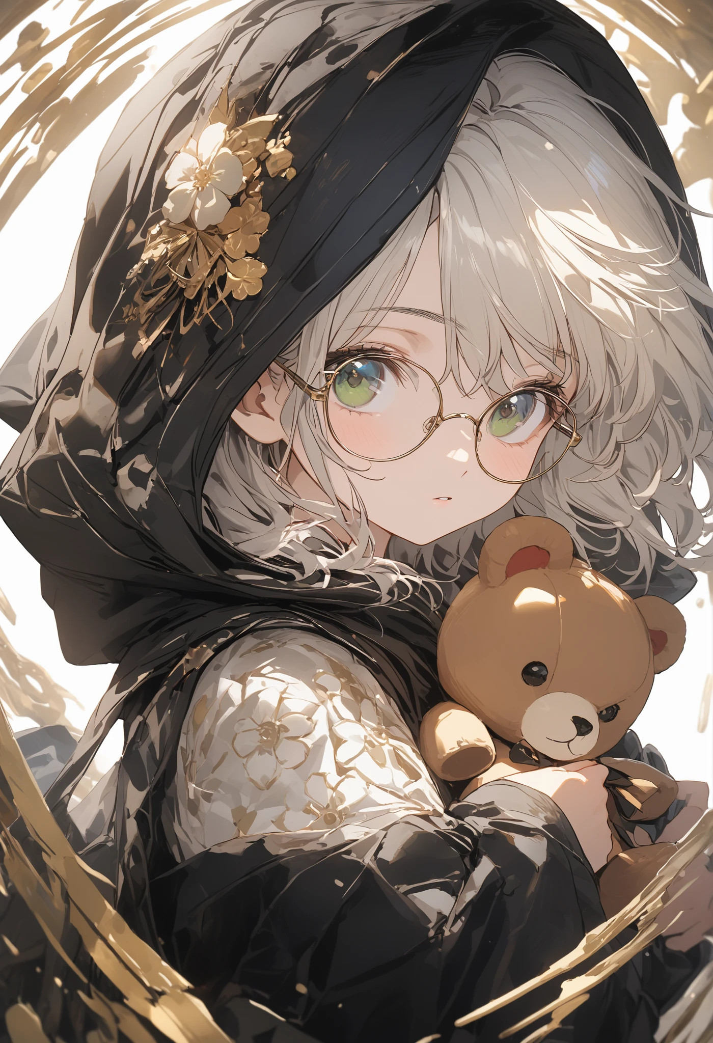 1girl\(cute, , white skin, pale skin,(wearing ((simple)) black hood:1.4),(black robe\(hood,white embroidery flower pattern, at edge\):1.3), ((white frilly dress)), (wearing black glasses:1.4), (((green eyes))), black boots, white hair, bangs, short bob hair, holding teddybear\(brown,fluffy\),dynamic pose\), BREAK ,isometric view, BREAK ,quality\(masterpiece, best quality,8k,wallpaper of extremely detailed CG unit, high resolution, top-quality, top-quality real texture skin, hyper realistic, increase the resolution, RAW photos, best quality, highly detailed, the wallpaper,golden ratio\),dynamic angle