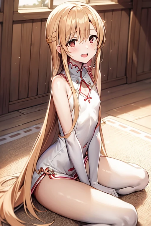 ((Best Quality)), ((masterpiece)), (be familiar with),  perfect face, indoor, bedroom, Watching the audience,
One woman, Yuuki Asuna,
Open Mouth, Ecstatic expression, blush, smile,
Small breasts,  flat chest, , , , Girl,
Long Hair, Long Hair,
Leg spread,