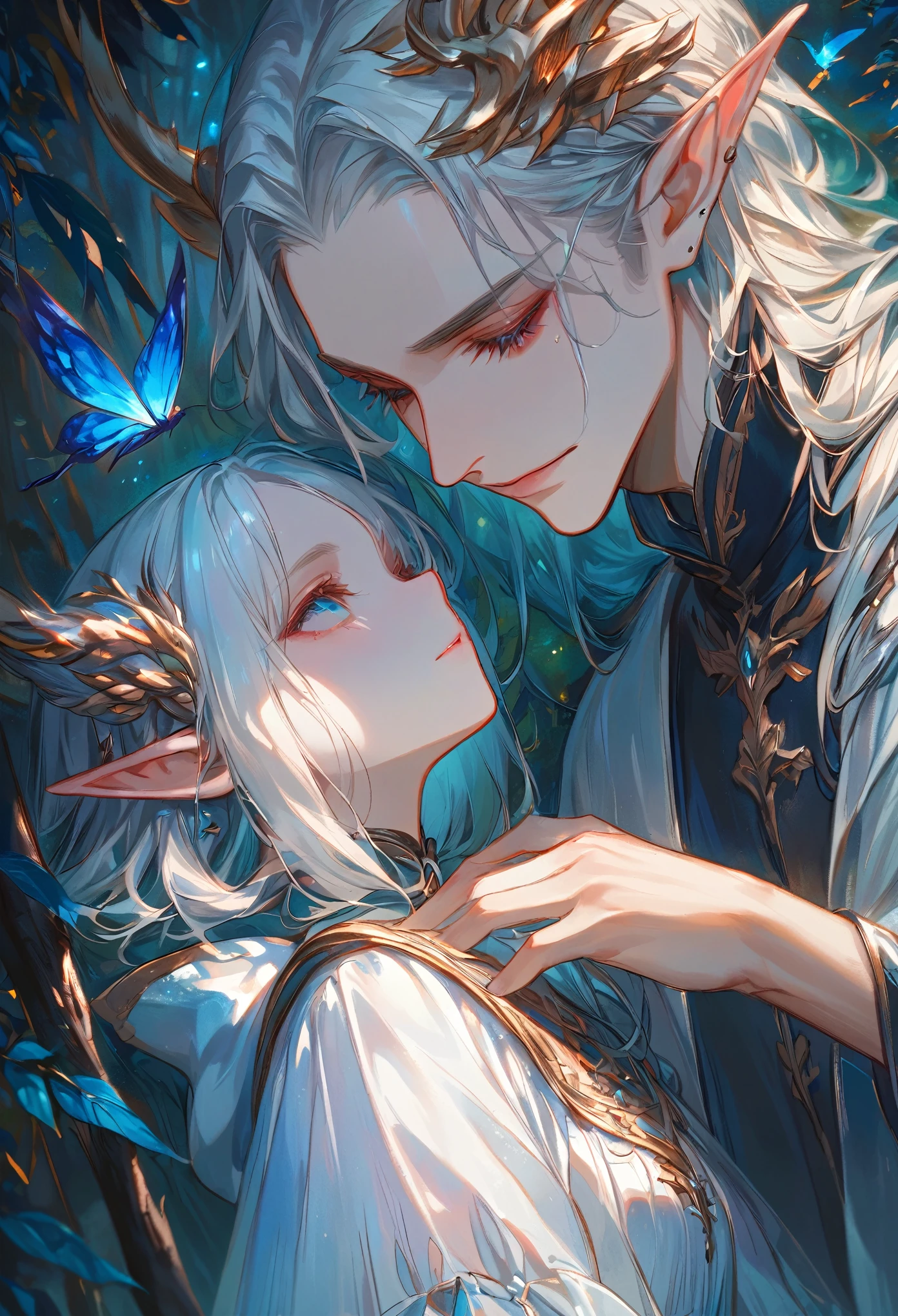 masterpiece, best quality, 8k, highres, ultra-detailed, HDR, UHD, studio lighting, ultra-fine painting, Beneath the ancient canopy of the forest, an elf girl and her beloved share a final, wordless moment. The moon shines brightly, highlighting the girl’s teary eyes as she looks up at the silver-haired elf before her. Her heart feels as though it is being torn apart, the sorrow almost too much to bear. She tries to smile, though her lips tremble, her eyes filled with both love and despair. His gaze is soft, filled with a longing he cannot voice. He feels a deep ache in his chest, the pain of knowing that they must part, and the helplessness of not being able to change their fate. The air is thick with the scent of pine and sorrow, the forest alive yet silent around them. She tries to smile, though her lips tremble, and he bends his head, his forehead touching hers. Their breaths mingle in the crisp night air, but there are no words left to say. The silence speaks of all they cannot—of a love that cannot overcome fate. The scene is quiet and somber, with the moon casting a silver glow over their sorrowful figures, the forest standing as a silent witness to their goodbye. The elf's heart feels heavy, his eyes closing as he tries to hold onto this final moment, the warmth of her presence the only comfort in the face of their inevitable separation.
