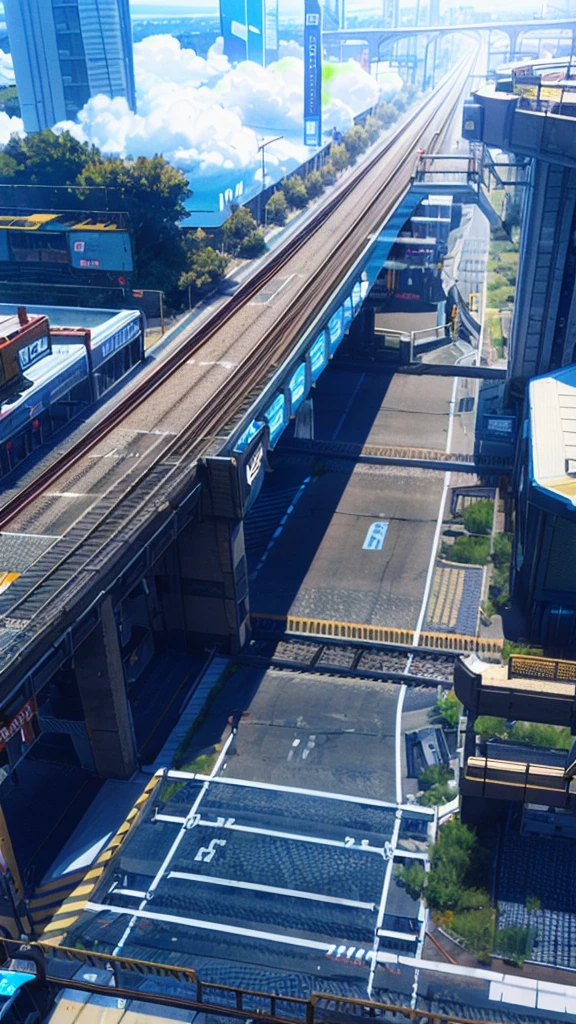 research-based , SF theme, Mechanical design, SF, landscape, guardrail, Cyberpunk、steel frame、Railway、A large number of lines、 Chorogyo Base、Aerial photography、Clear blue sky、cloud