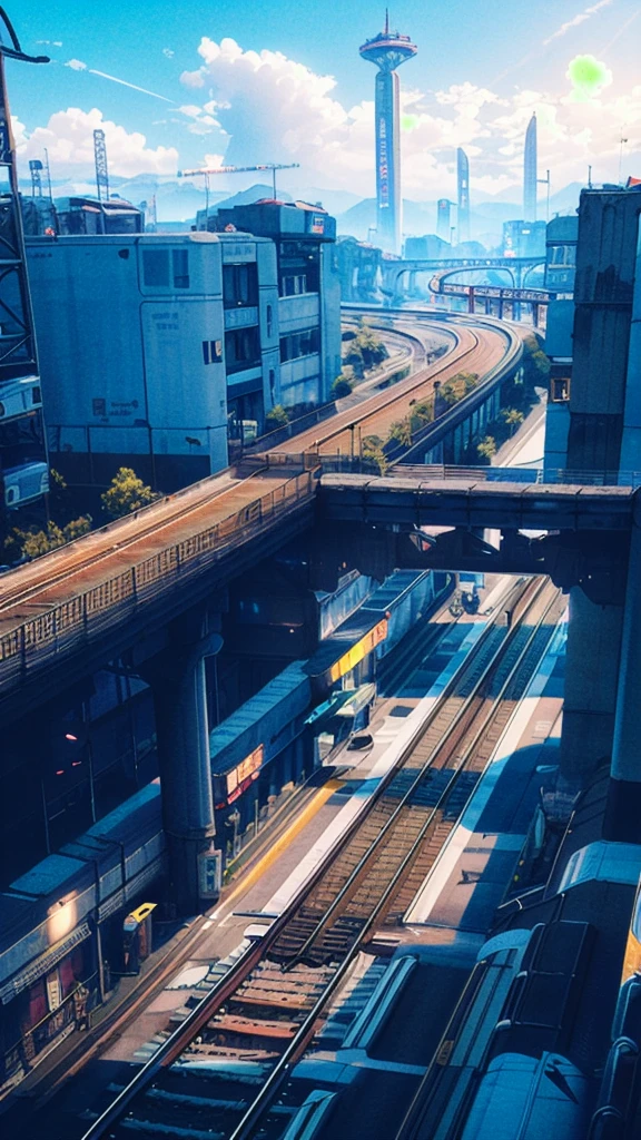 research-based , SF theme, Mechanical design, SF, landscape, guardrail, Cyberpunk、steel frame、Railway、A large number of lines、 Chorogyo Base、Aerial photography、Clear blue sky、cloud