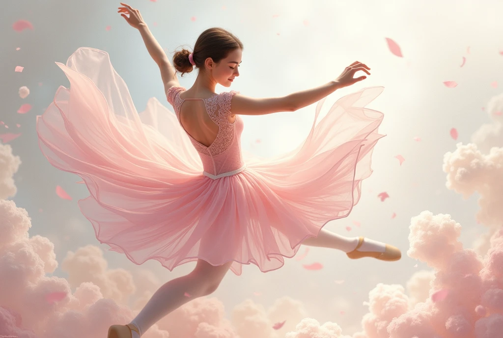 Depict a graceful ballerina using soft, flowing fabric for the tutu and delicate papers for her form. Her pose could be dynamic, mid-pirouette, with layers of translucent materials to show movement and flow. Use pinks, whites, and soft pastels for the ballerina, while the background can be abstract, with swirling patterns and textures that suggest the motion of the dance. Incorporate lace or netting for the tutu, adding a sense of lightness and elegance.