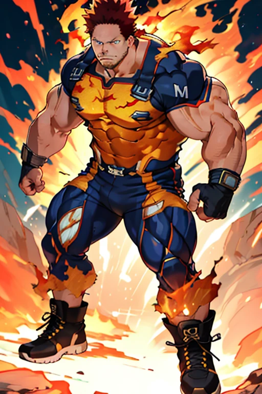 Endeavor from My Hero Academia, covered in flames, full body, ripped and torn costume, muscular, thick, thick pubic hair, huge nice bulge, 45 yo, sexy, realistic eyes, hardgay, large pectorals, superhero, fingerless gloves, red hair, scar, blue eyes