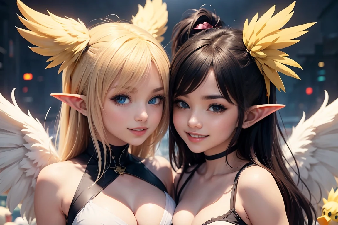 2 beautiful elves, girl, 20 years old, space buns, cat ears, naked, nude, extreme abs, cute face, crazy hair, colored hair, yellow eyes, deep fashion, cyberspace, surreal, virtual reality, video game, crazy colors, ribbons, leather belts, weird perspective, dramatic light, cyber technology temple, vr videogame competition, dungeons and dragons, vamplire fangs, adventurers, smiling, action, playfull, cute, profound, dramatic photo, semi closeup, temple, magical energies, witchcraft, permanent love energy, sexy pose, posing, long hair, barefoot