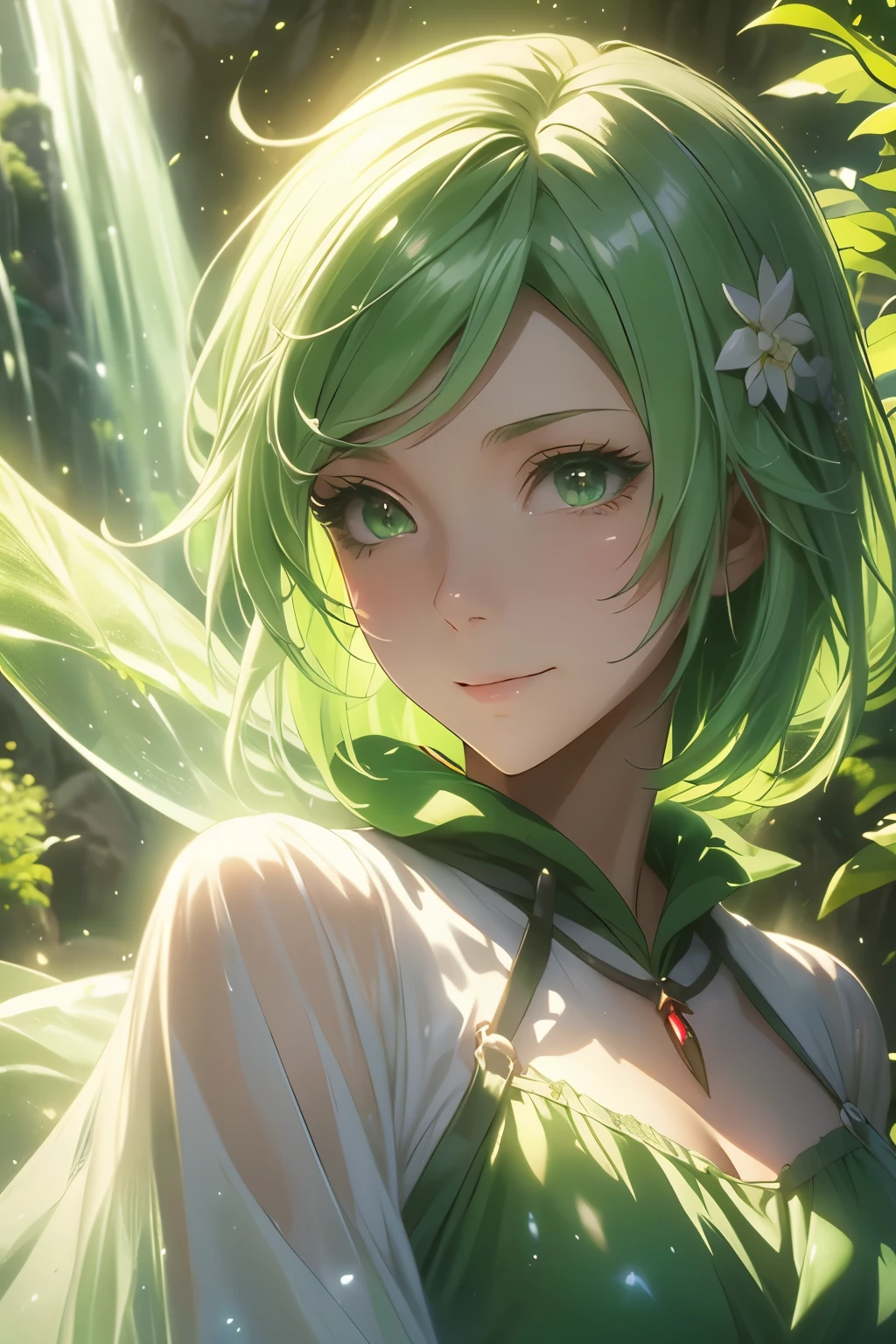 （（（ＳＦＷ、Highest quality、 First Class 、masterpiece、Normal body、8k、Detailed face、Ultra-precision、Normal hand、Normal finger、Highest、Takumi）））、Tria 、 Dryad、Green Hair、Bobcut、-That Time I Got Reincarnated as a Slime-、Easy smile 、sexy、Sexy、pure、white and green robe、Breeze 、 Wind of Protection、magic、 Magic Light 、See-through、Transparency