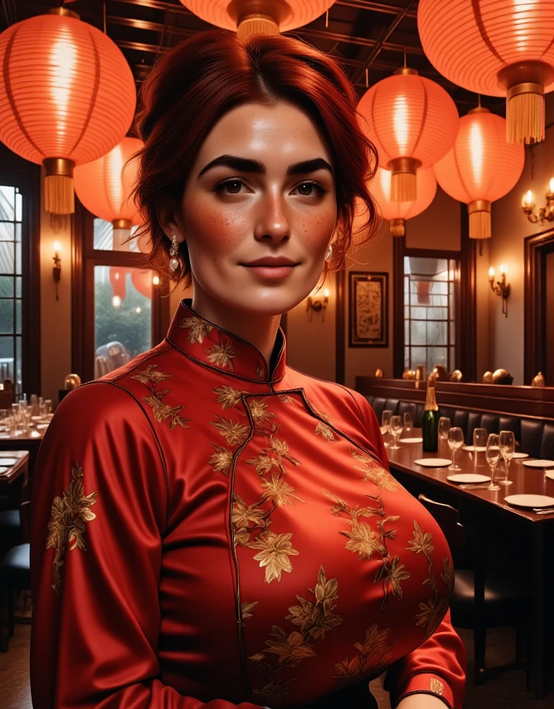 Photorealistic, cinematic style, low angle picture of a beautiful British woman celebrating Chinese New year inside a chinese restaurant. Late evening, dark. (Dynamic pose: 1.5), she is smiling. She has Brown eyes, downturned eye shape, light skin and freckles, reddish-brown hair, elegant gathered up hairstyle. Traditional Red silk cheongsam. white pearl earrings. Large red paper lanterns. Red pillars. Red paper decorations hung from the ceiling. Red carpet, red dragon decoration. ((Theme colour is red)). perfect hand,HDR, intricate details ,